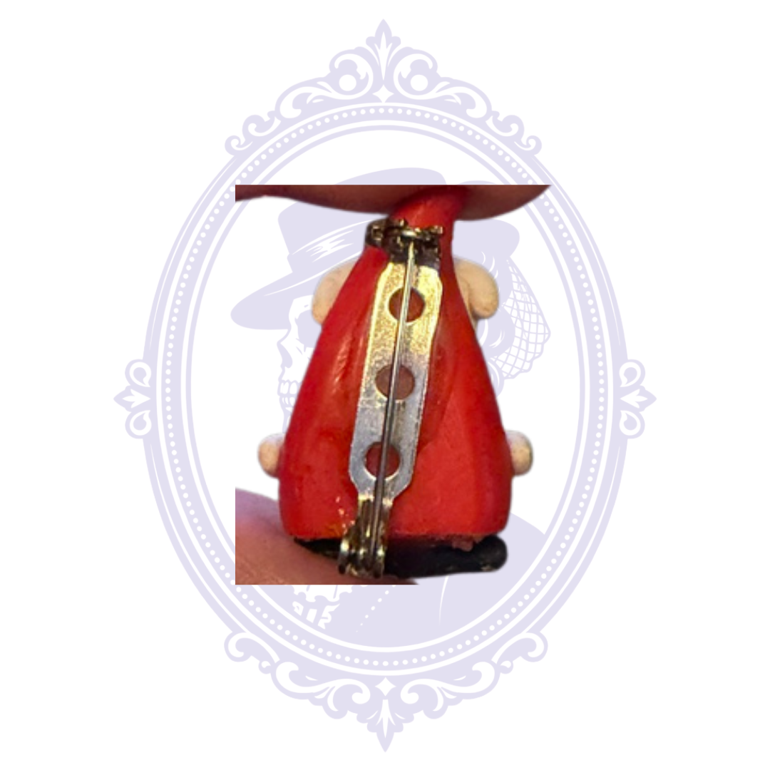 Santa Claus holiday brooch pin back with metal clasp, red dimensional Christmas costume jewelry.