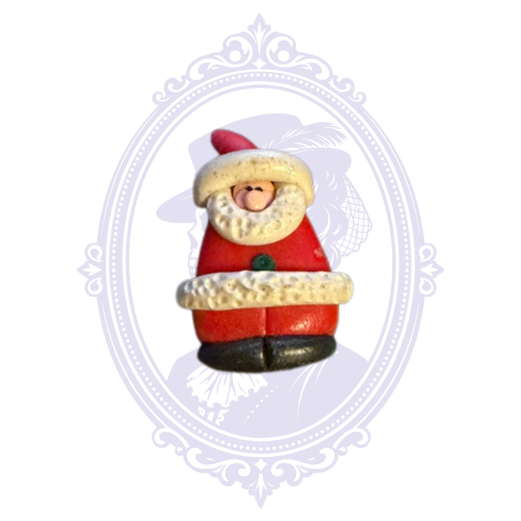 Red and white Santa Claus brooch pin with dimensional beard and suit details, festive Christmas costume jewelry.