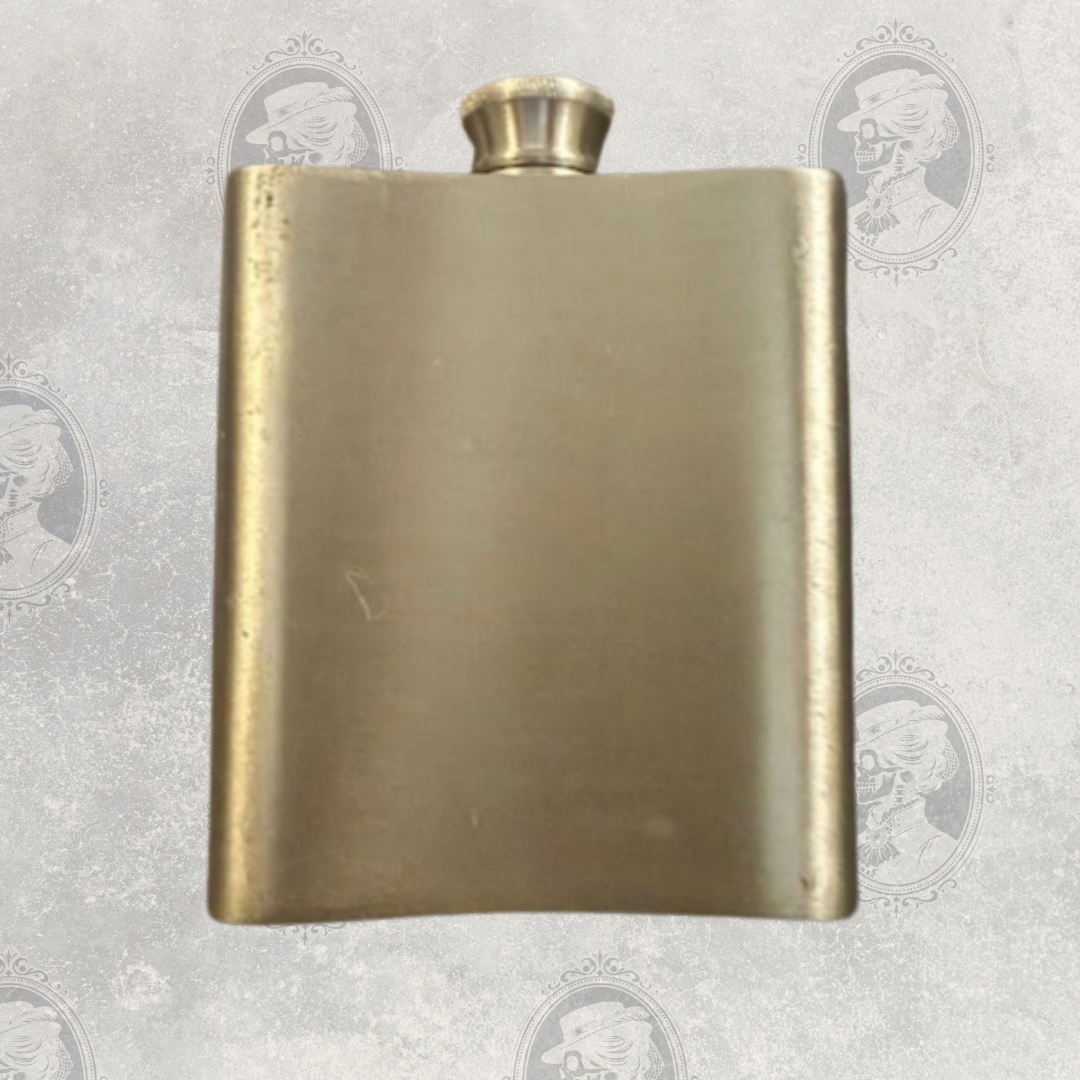Back view of vintage Selwyn pewter hip flask with brushed metal finish