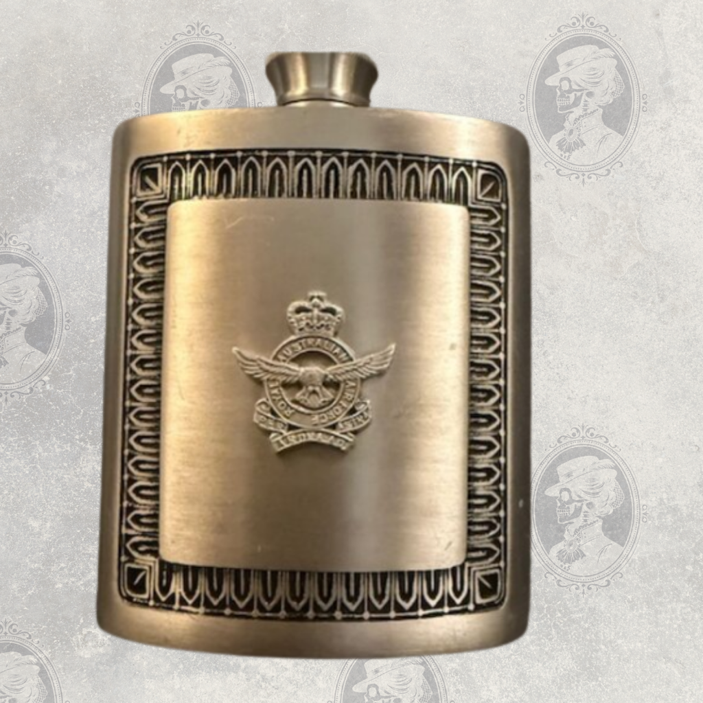 Vintage Selwyn Pewter hip flask with Royal Australian Air Force RAAF crest and decorative border front view