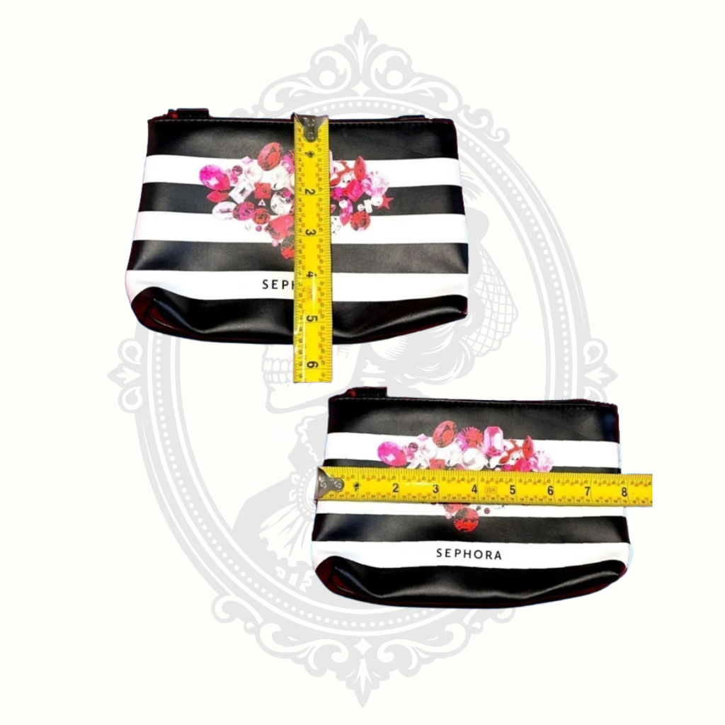 sephora striped makeup bag with measuring tape showing size dimensions