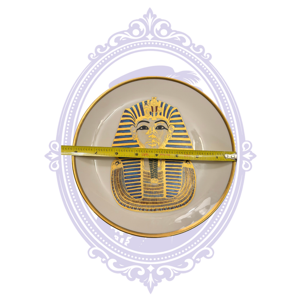 Diameter of Shenango China King Tutankhamun decorative plate shown with measuring tape