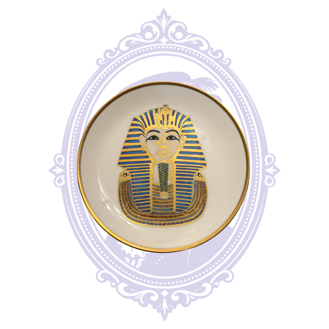 Shenango China King Tutankhamun decorative plate with cobalt blue and gold Egyptian pharaoh mask, gold rim, ivory china