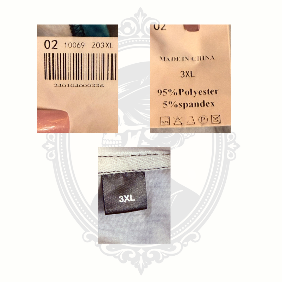 Clothing tag showing 3XL size and polyester spandex fabric composition