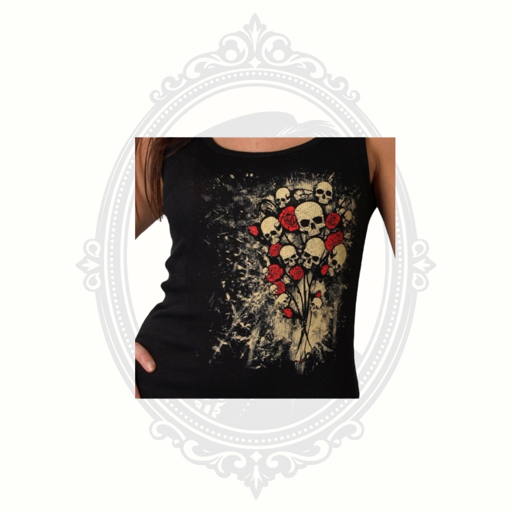 Close up of skull and roses graphic on black tank top