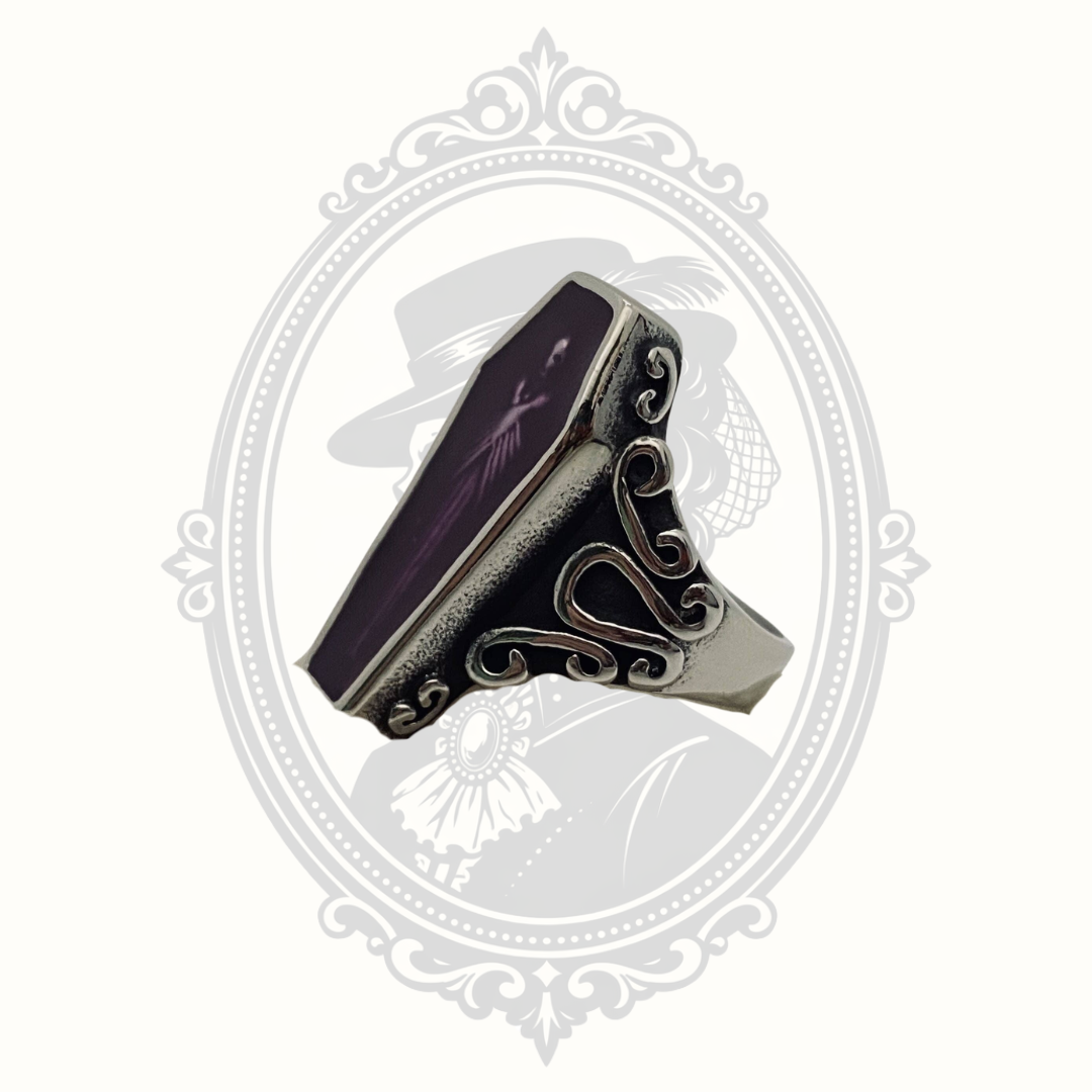 Side profile of the Skull Series Zombie Coffin stainless steel ring with gothic scrollwork.