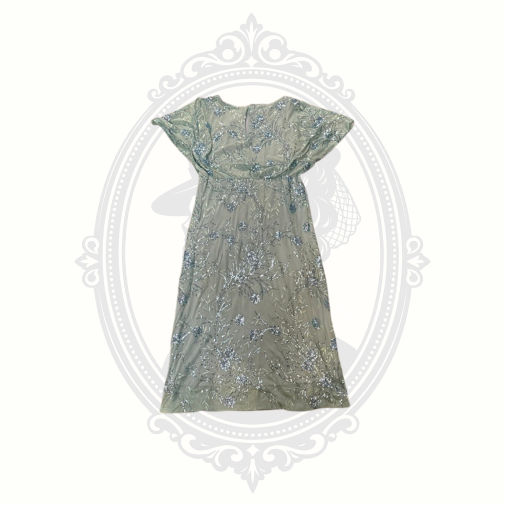 SLNY Women's Sage Green Beaded Flutter Sleeve Cocktail Dress Size 14P Petite