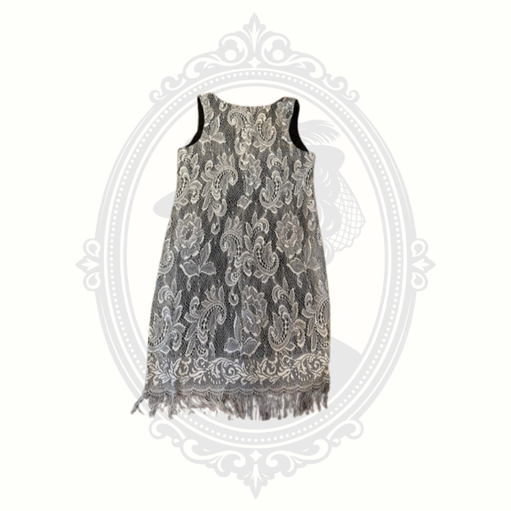 SLNY Silver Metallic Lace Fringe Sleeveless Shift Dress Size 18