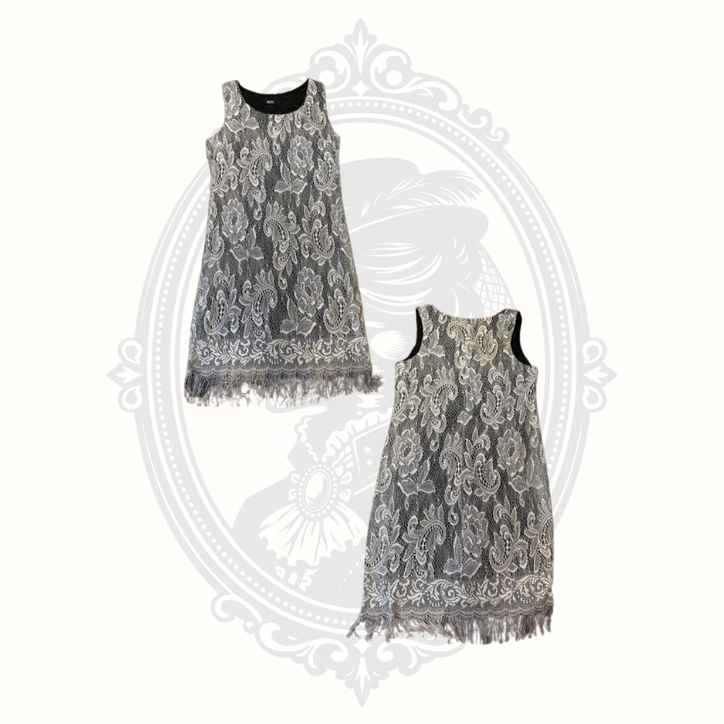 SLNY Silver Metallic Lace Fringe Sleeveless Shift Dress Size 18