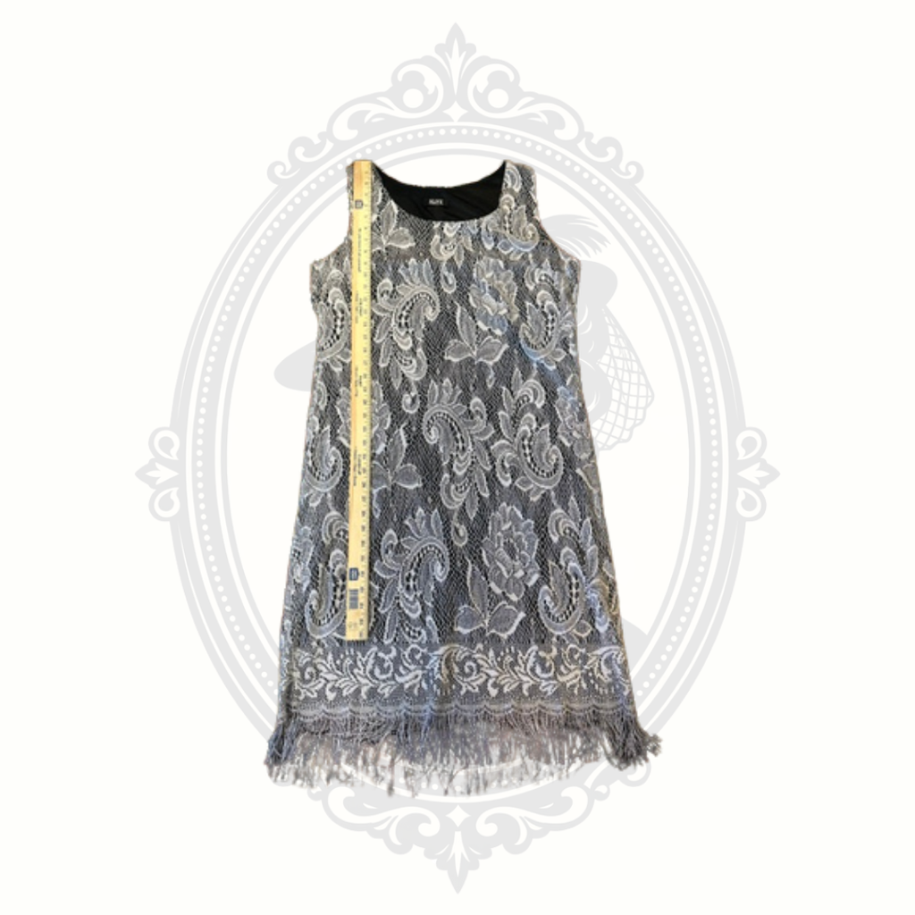 SLNY Silver Metallic Lace Fringe Sleeveless Shift Dress Size 18