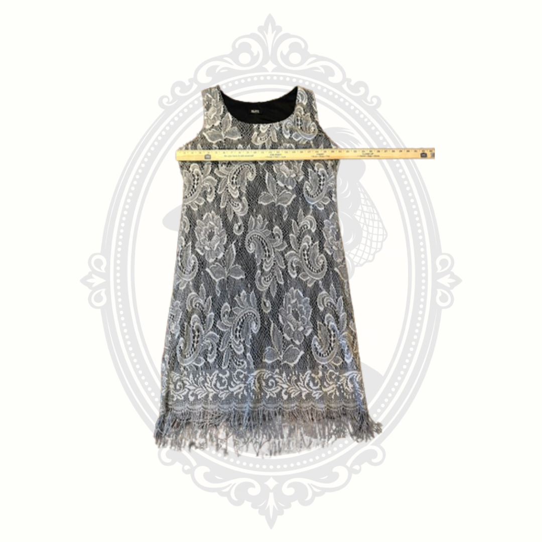 SLNY Silver Metallic Lace Fringe Sleeveless Shift Dress Size 18