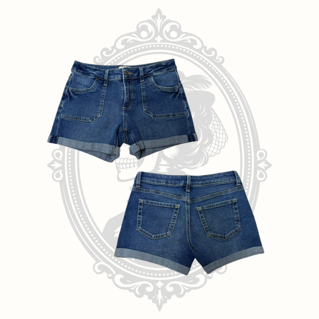 SO Juniors Cuffed Denim Shorts Size 14 Medium Wash Stretch High Rise
