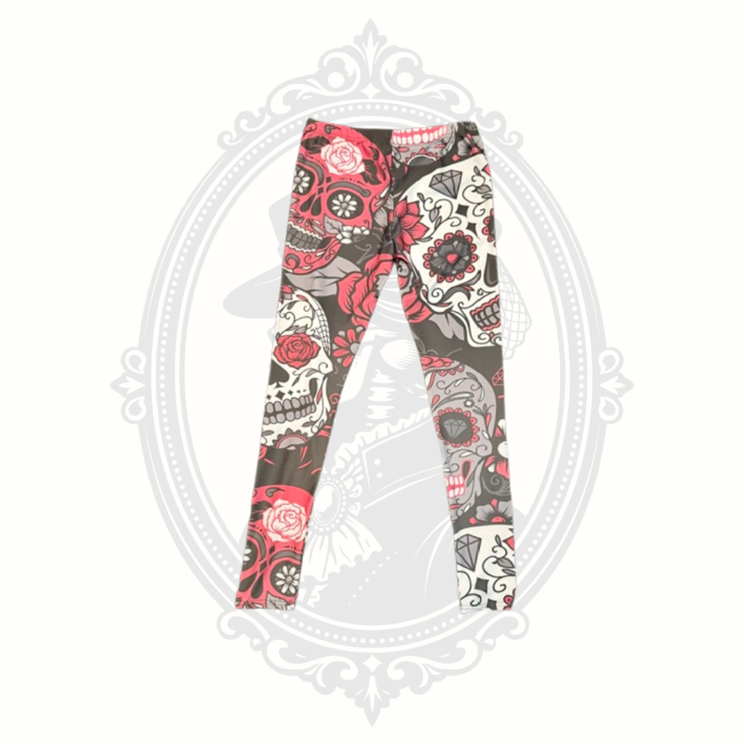Women's XL Sugar Skull Rose Print Leggings | Gothic Floral Stretch Pants