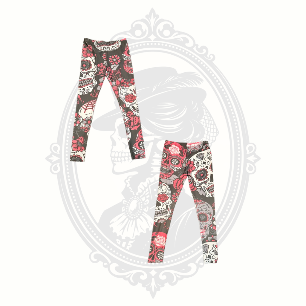 Women's XL Sugar Skull Rose Print Leggings | Gothic Floral Stretch Pants