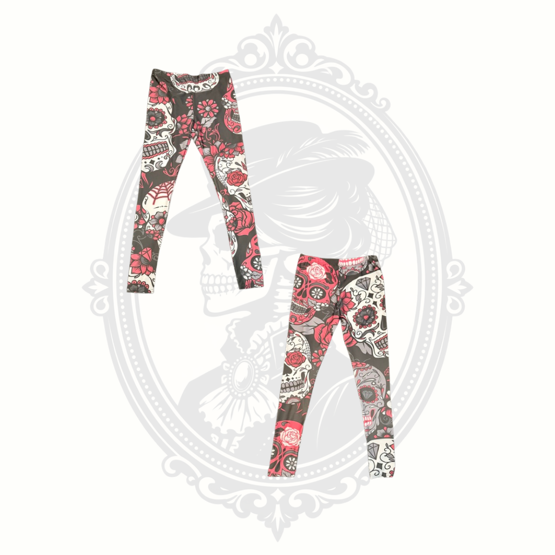 Women's XL Sugar Skull Rose Print Leggings | Gothic Floral Stretch Pants