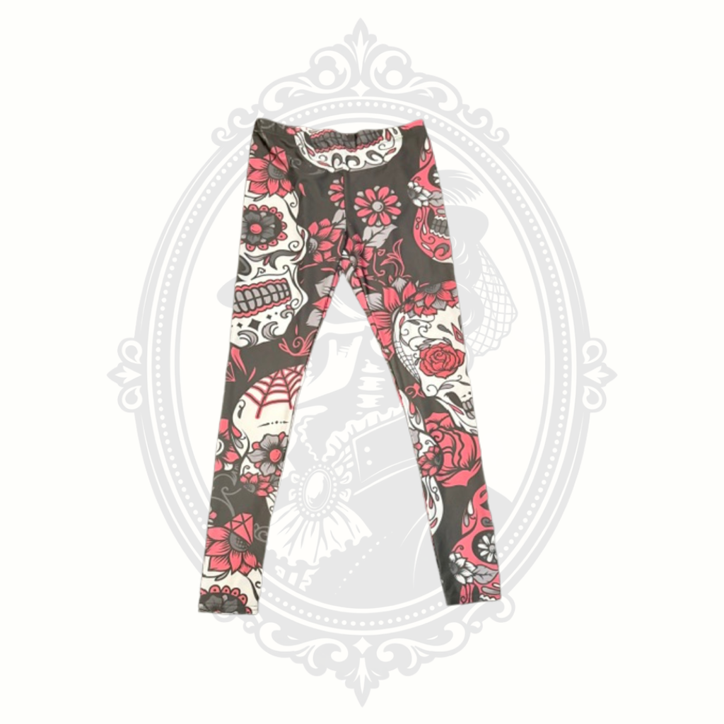 Women's XL Sugar Skull Rose Print Leggings | Gothic Floral Stretch Pants
