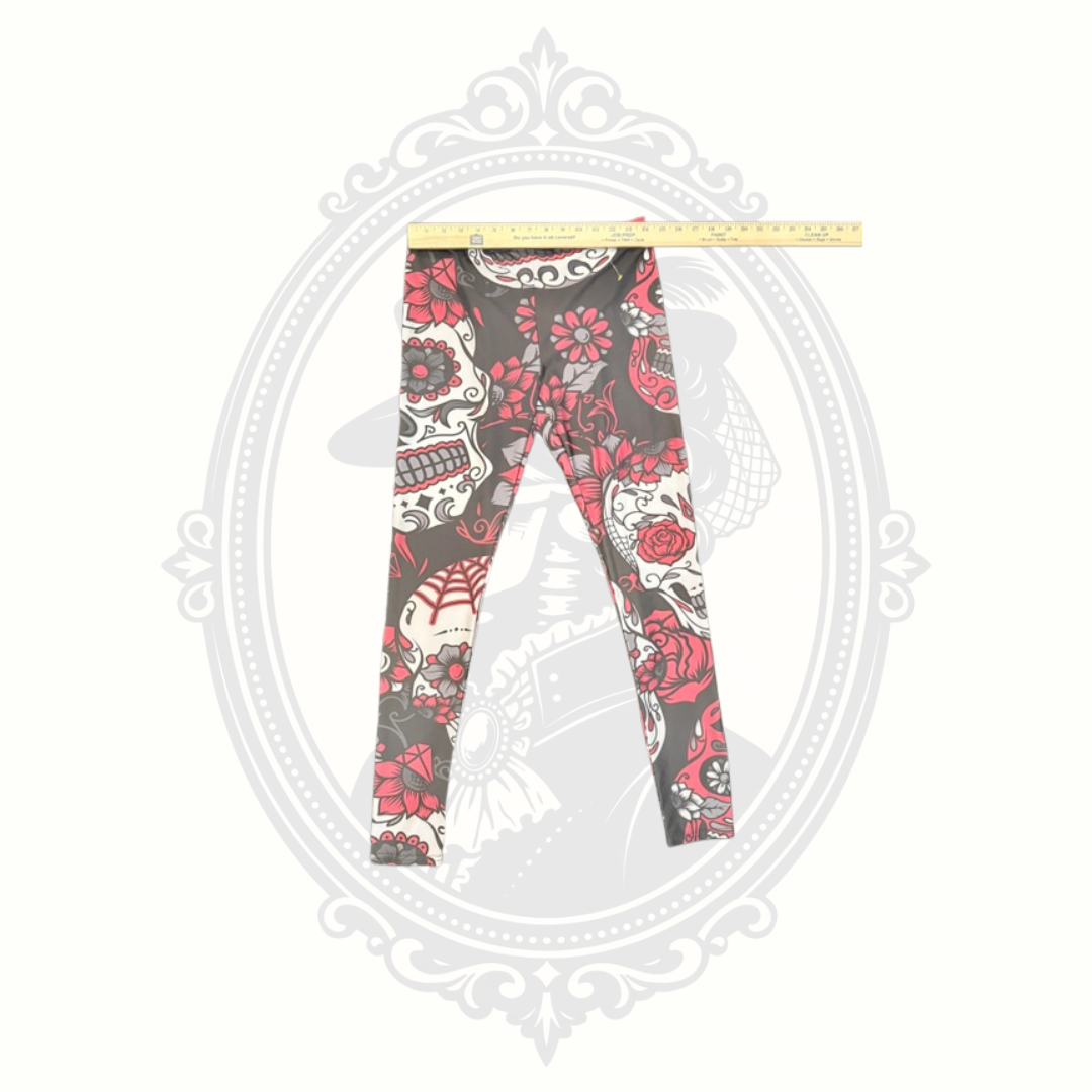 Women's XL Sugar Skull Rose Print Leggings | Gothic Floral Stretch Pants
