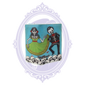 Close-up of turquoise vinyl wallet featuring a dancing skeleton couple, green dress, black suit and white skull border.