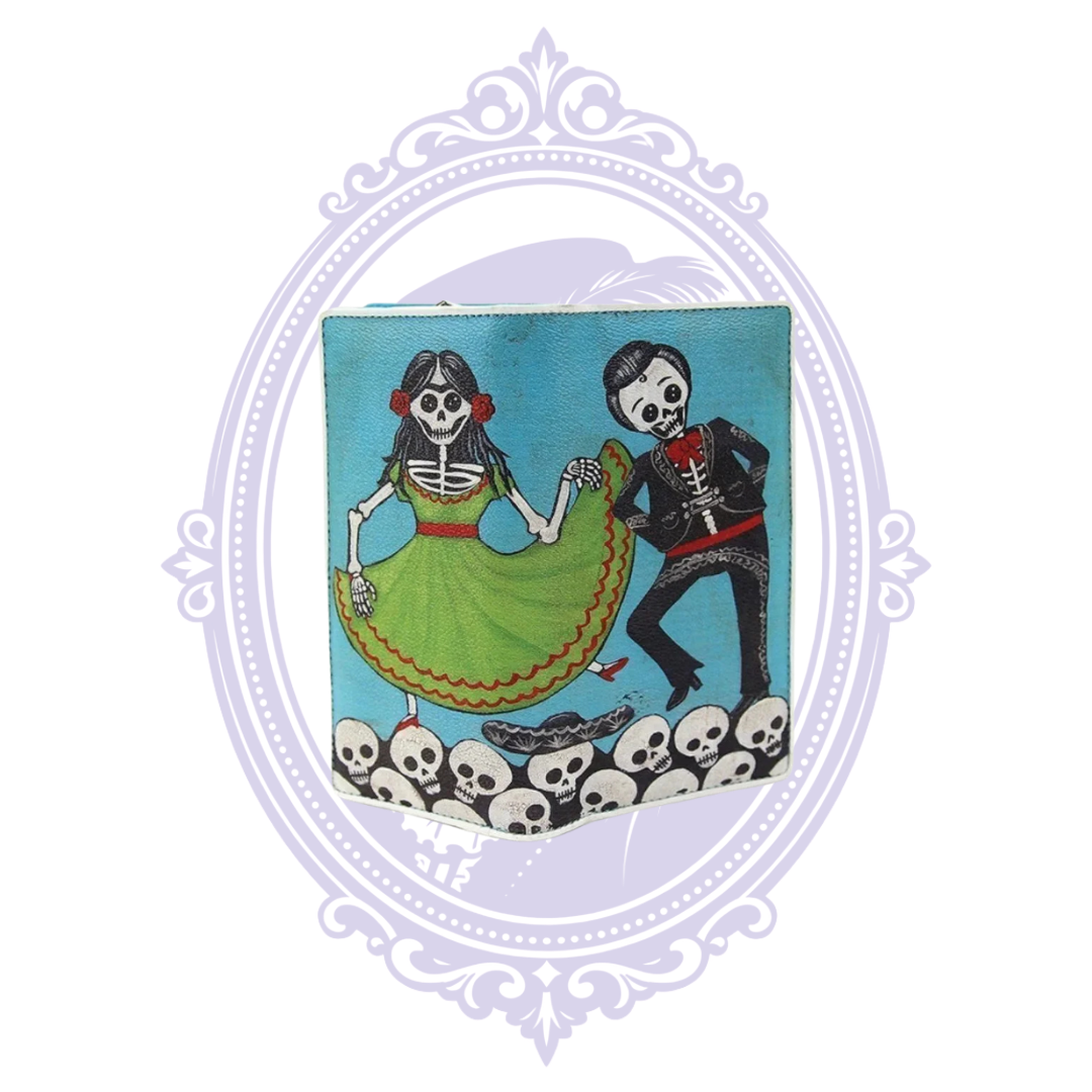 Close-up of turquoise vinyl wallet featuring a dancing skeleton couple, green dress, black suit and white skull border.