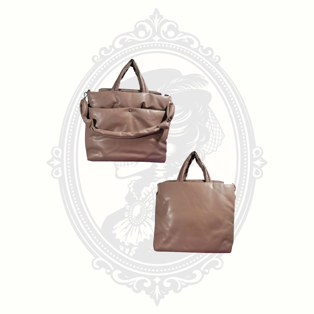 taupe faux leather puffer tote bag structured everyday handbag front and back view