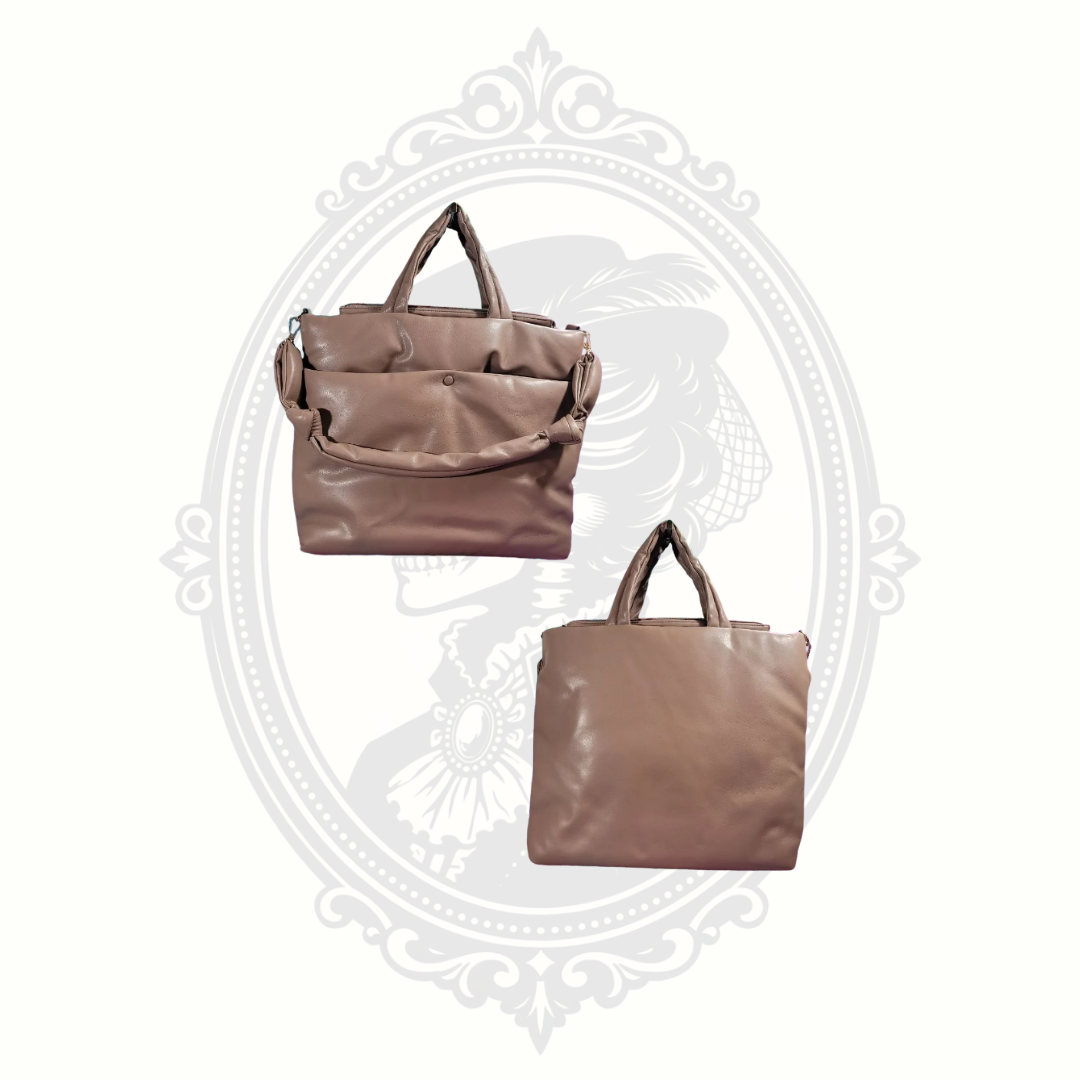 taupe faux leather puffer tote bag structured everyday handbag front and back view