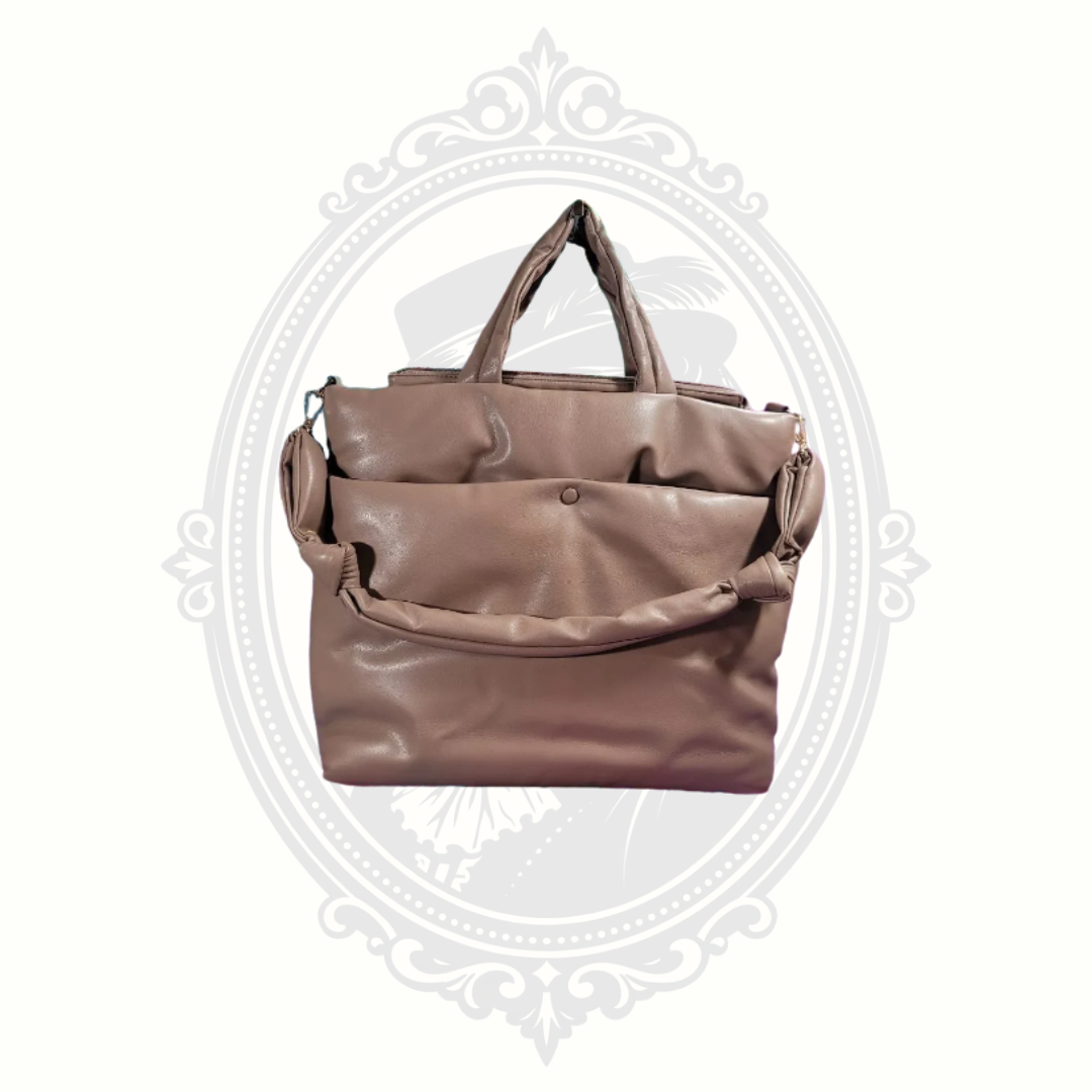 taupe faux leather puffer tote bag structured everyday handbag front view