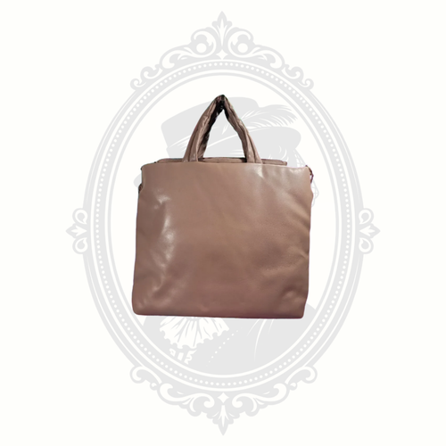 back view of taupe puffer tote handbag with smooth faux leather finish