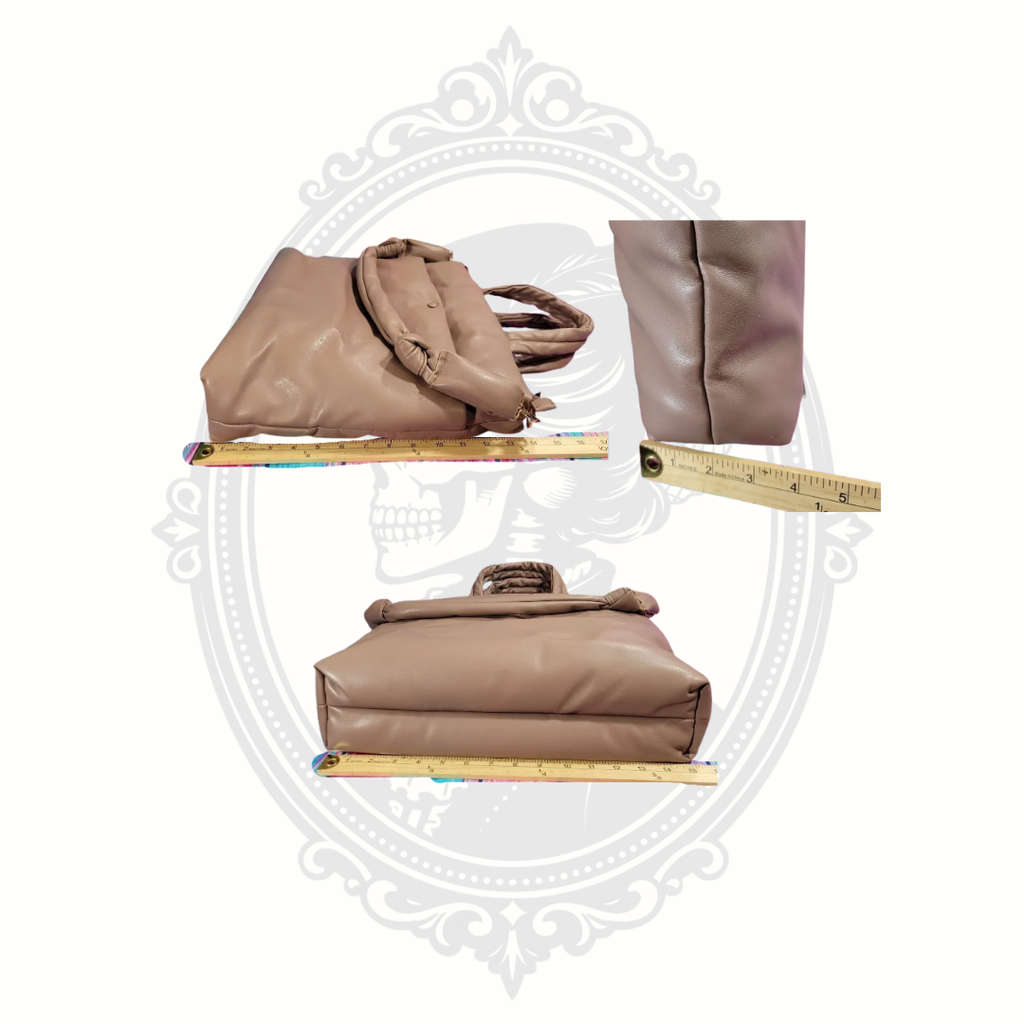 dimensions of taupe puffer tote bag showing size and proportions