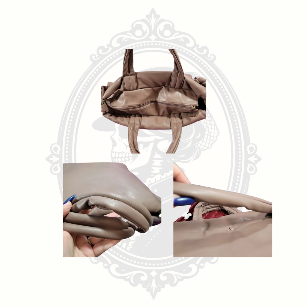 close up of padded handle on taupe faux leather puffer tote bag