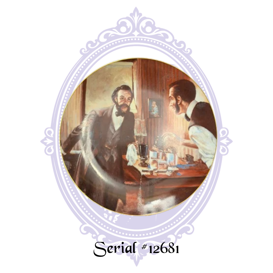1984 Telephone Pioneers of America Come Here Watson plate number 12681, front artwork by George Rapp depicting Alexander Graham Bell and Thomas Watson