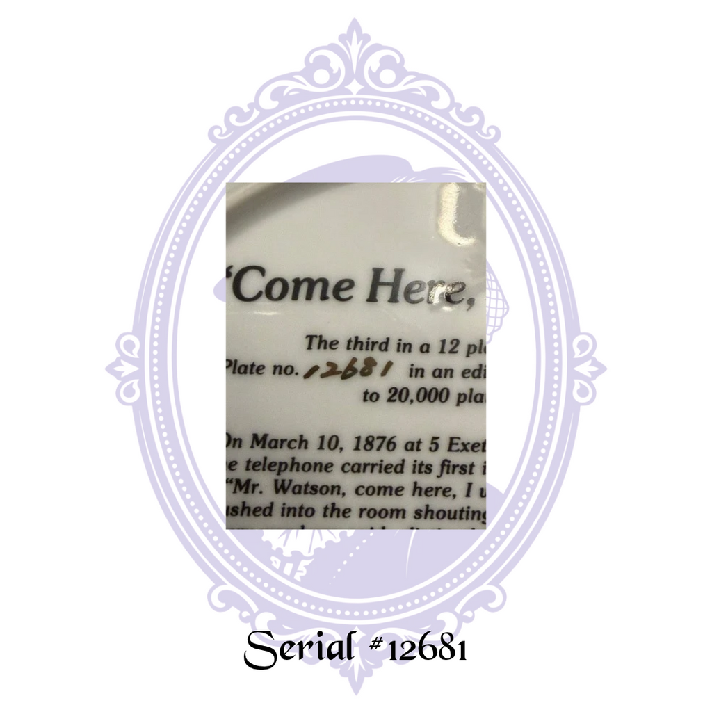 Close-up of handwritten limited edition plate number 12681 on reverse of Come Here Watson Telephone Pioneers collector plate