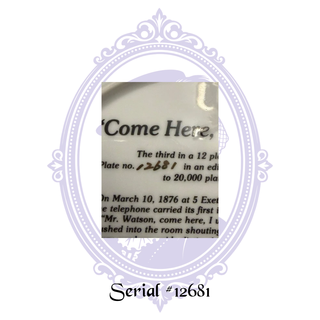 Close-up of handwritten limited edition plate number 12681 on reverse of Come Here Watson Telephone Pioneers collector plate