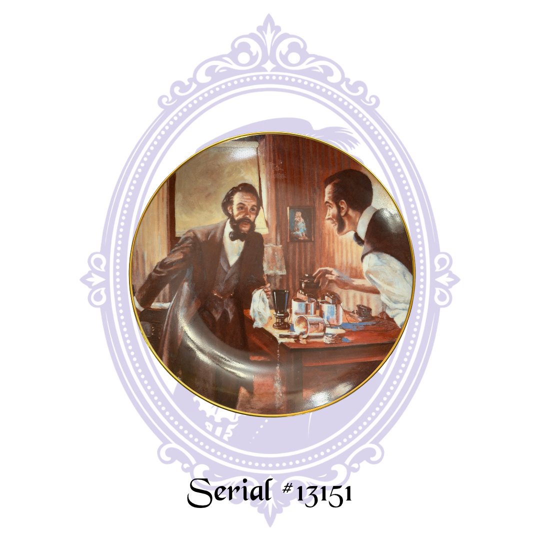 Full front artwork on Come Here Watson collector plate serial number 13151 showing Alexander Graham Bell and Thomas Watson with gold rim