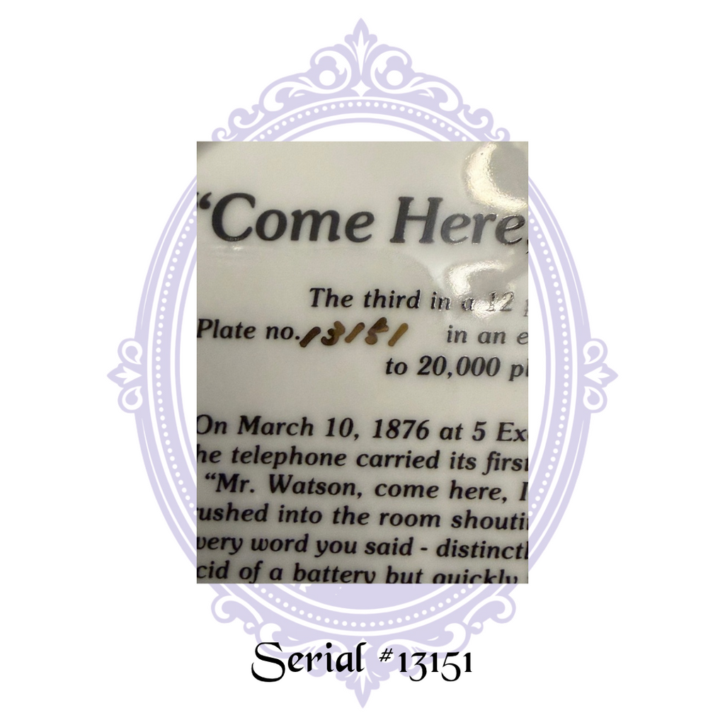 Close-up of handwritten edition number 13151 on reverse of 1984 Come Here Watson Telephone Pioneers of America commemorative collector plate