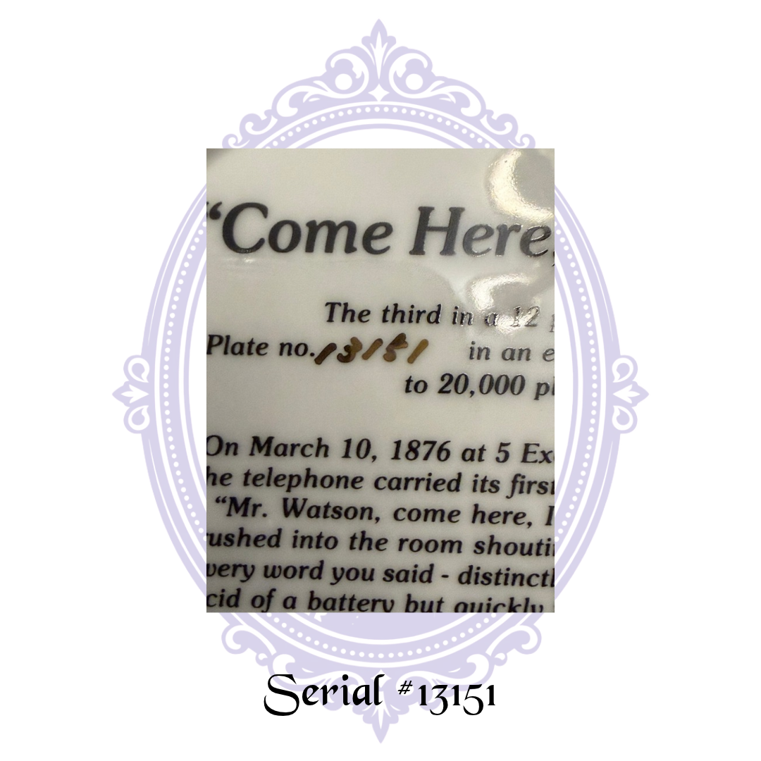 Close-up of handwritten edition number 13151 on reverse of 1984 Come Here Watson Telephone Pioneers of America commemorative collector plate