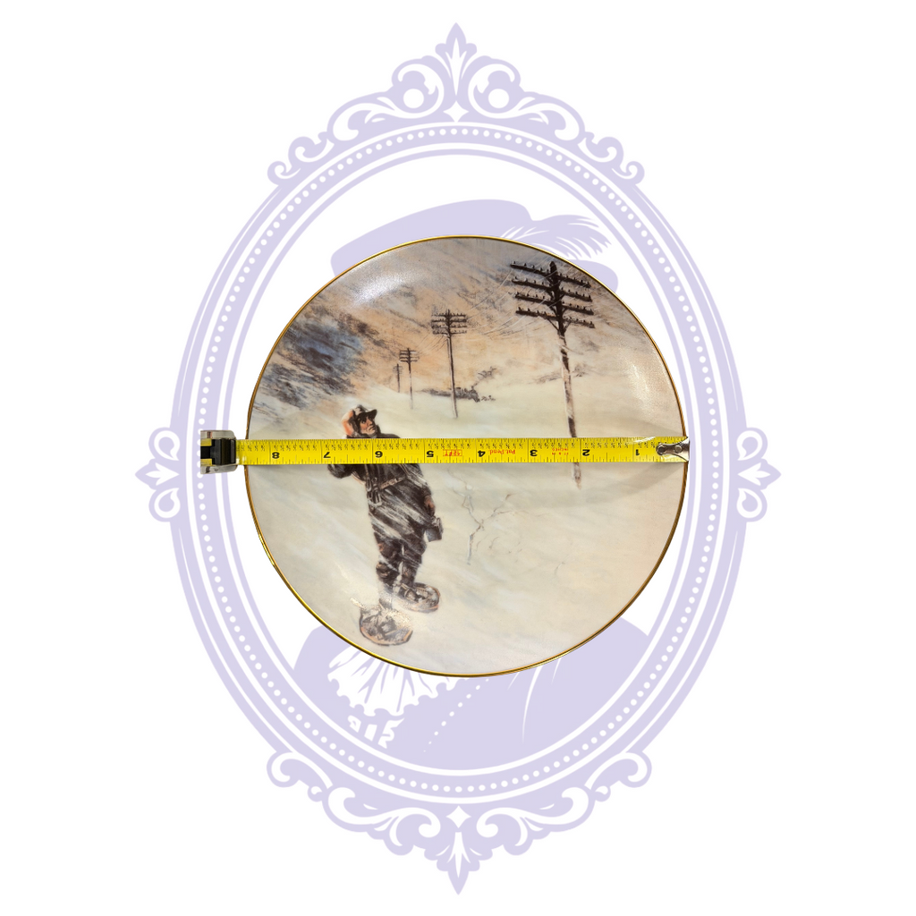 Detail photograph of The Spirit of Service 1984 collector plate depicting a historical scene from the Blizzard of 1888