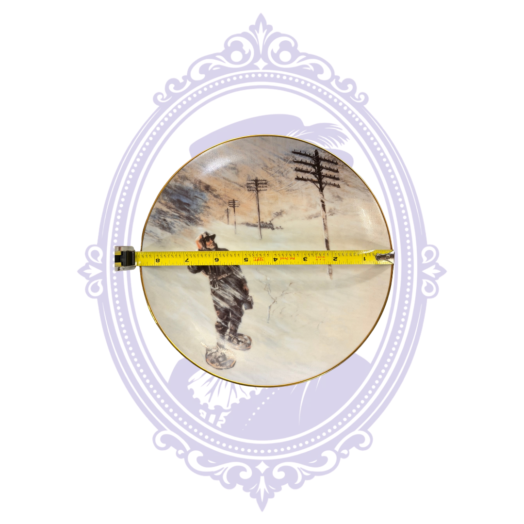 Detail photograph of The Spirit of Service 1984 collector plate depicting a historical scene from the Blizzard of 1888