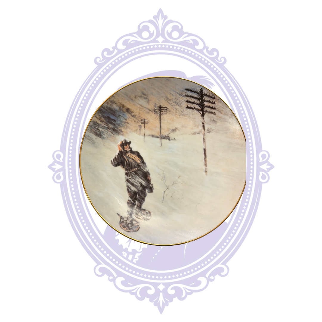 Front view of 1984 The Spirit of Service Telephone Pioneers of America commemorative collector plate featuring Annie MacDonald during the Blizzard of 1888