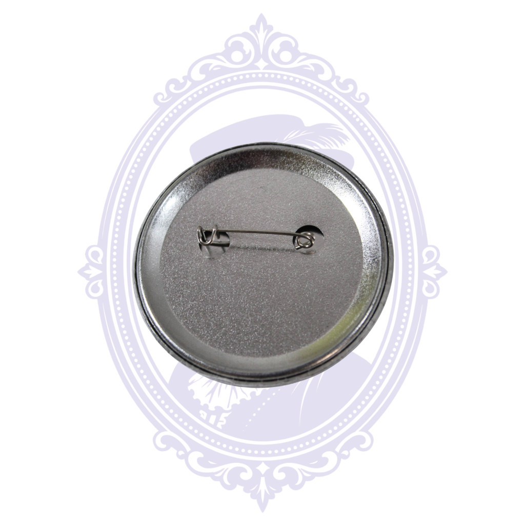 Back of The Munsters Love Is Weird metal-backed button showing pin closure