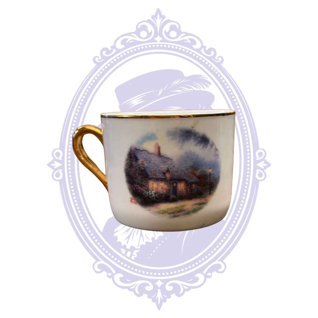 Thomas Kinkade Moonlight Cottage Teleflora decorative collectible mug, primary product photograph.