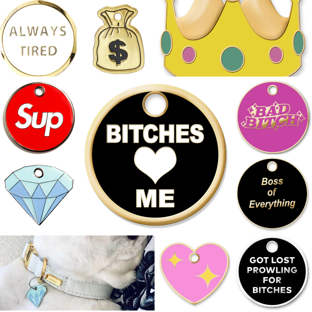 Collage featuring assorted Trill Paws novelty engravable pet tags including Always Tired, Money Bag, Crown, SUP, Diamond, Boss of Everything, Sparkle Heart, and humorous statement tags.