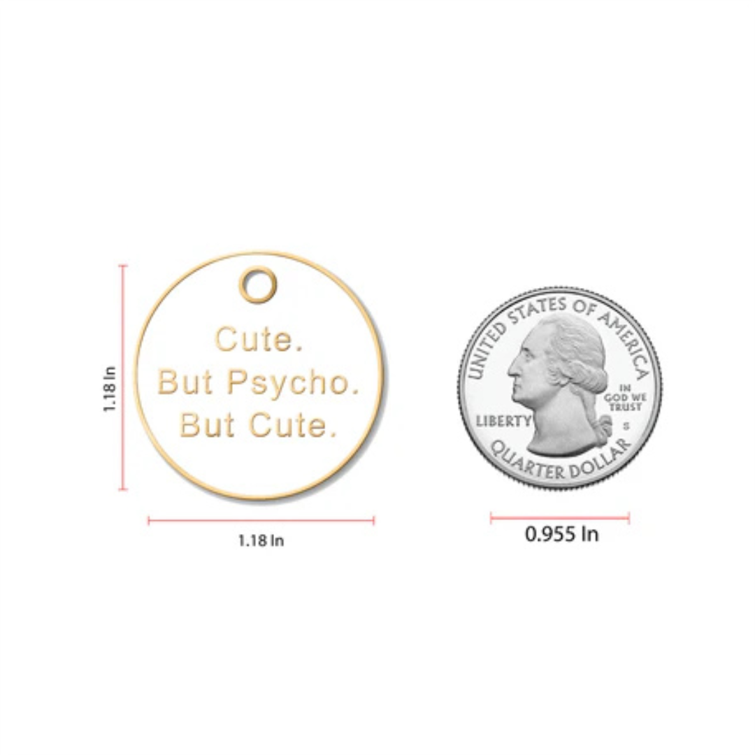 Size comparison of Trill Paws novelty pet tag beside a United States quarter for scale reference.