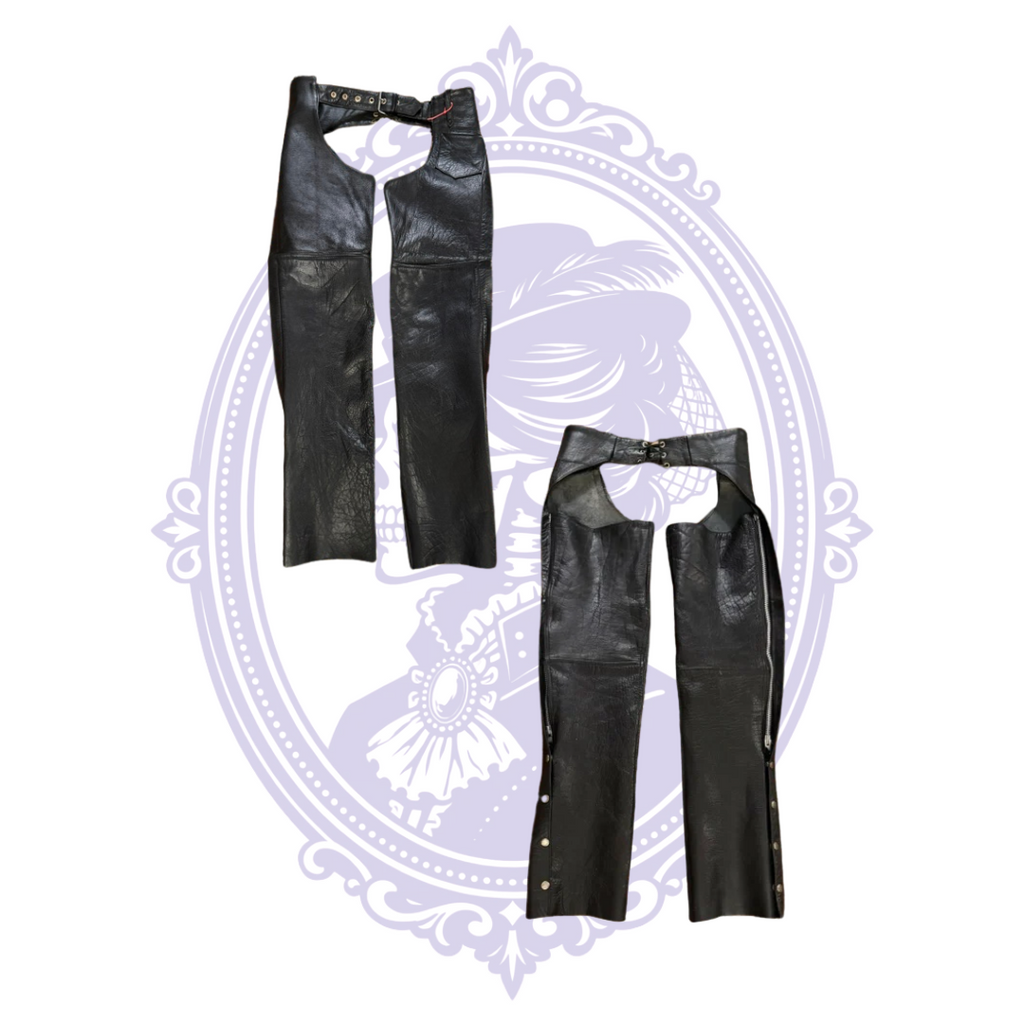 Front and back comparison of UNIK International black leather motorcycle chaps