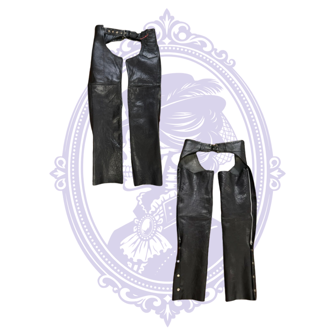 Front and back comparison of UNIK International black leather motorcycle chaps