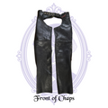 Front view of UNIK International black leather motorcycle chaps, size XS, with adjustable waist belt