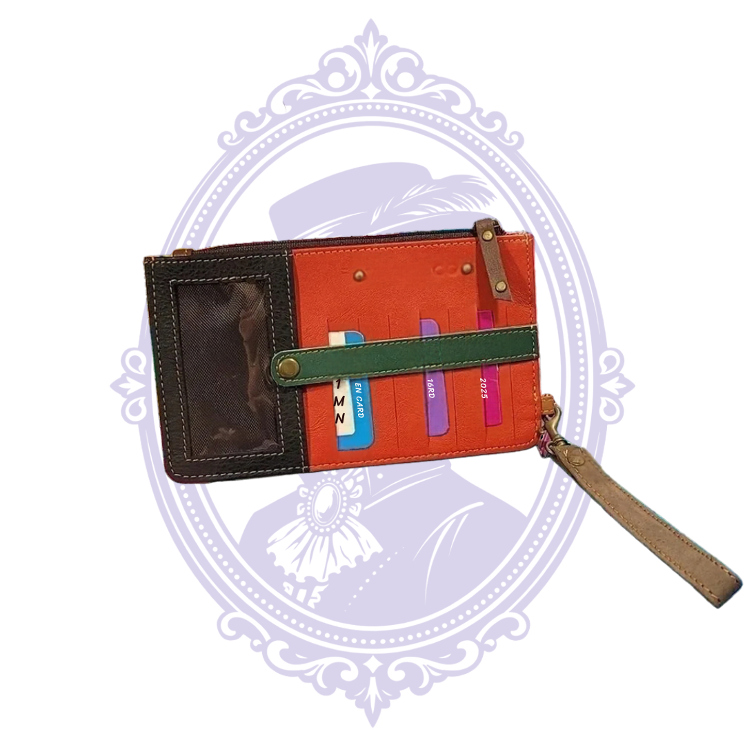 Vaan & Co. wristlet wallet showing orange and green card organizer, clear ID window and wrist strap