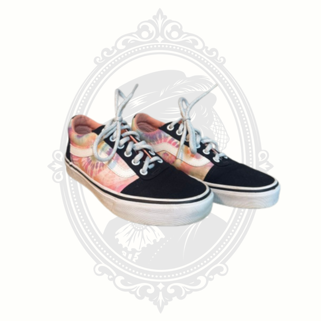 Pair of VANS pastel tie dye low top sneakers with black canvas fronts and white side stripe detail.