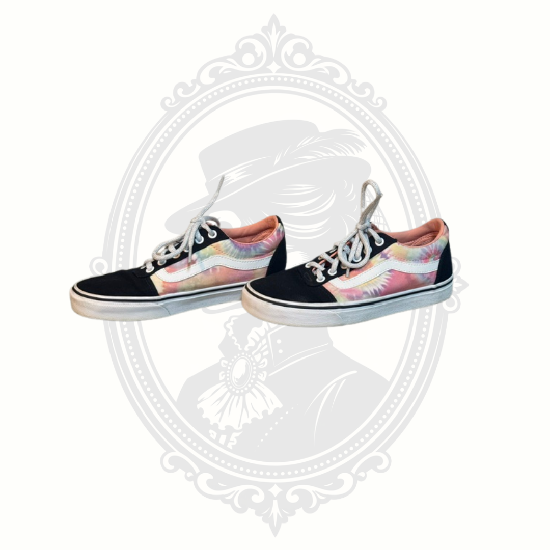 Side front view of VANS pastel tie dye sneakers in women’s size 7.5.