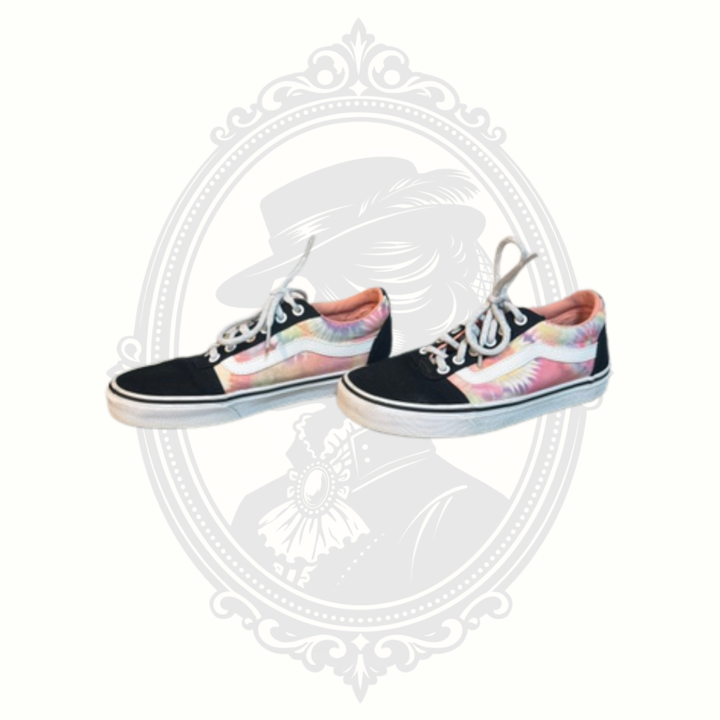 Side front view of VANS pastel tie dye sneakers in women’s size 7.5.