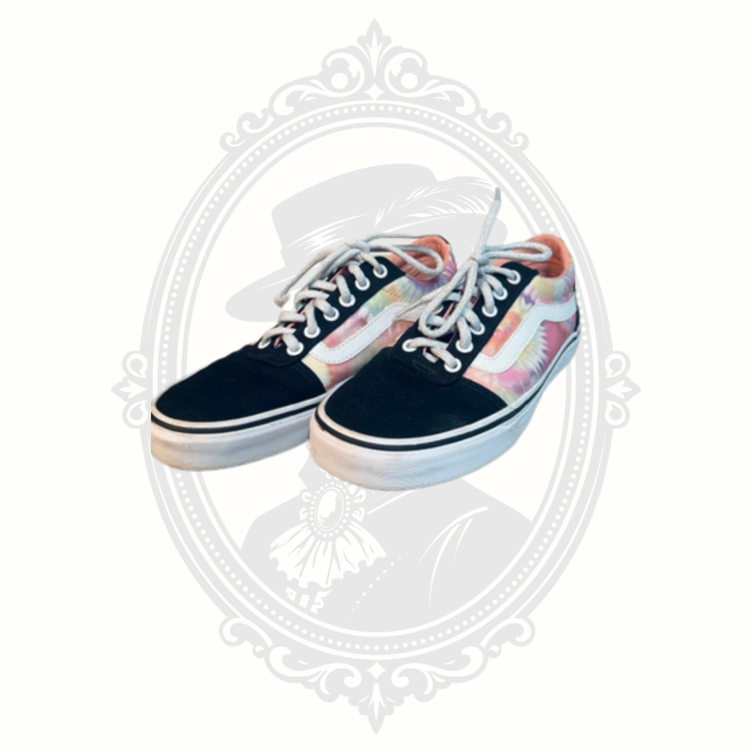 Angled front view of VANS pastel tie dye sneakers in women’s size 7.5.